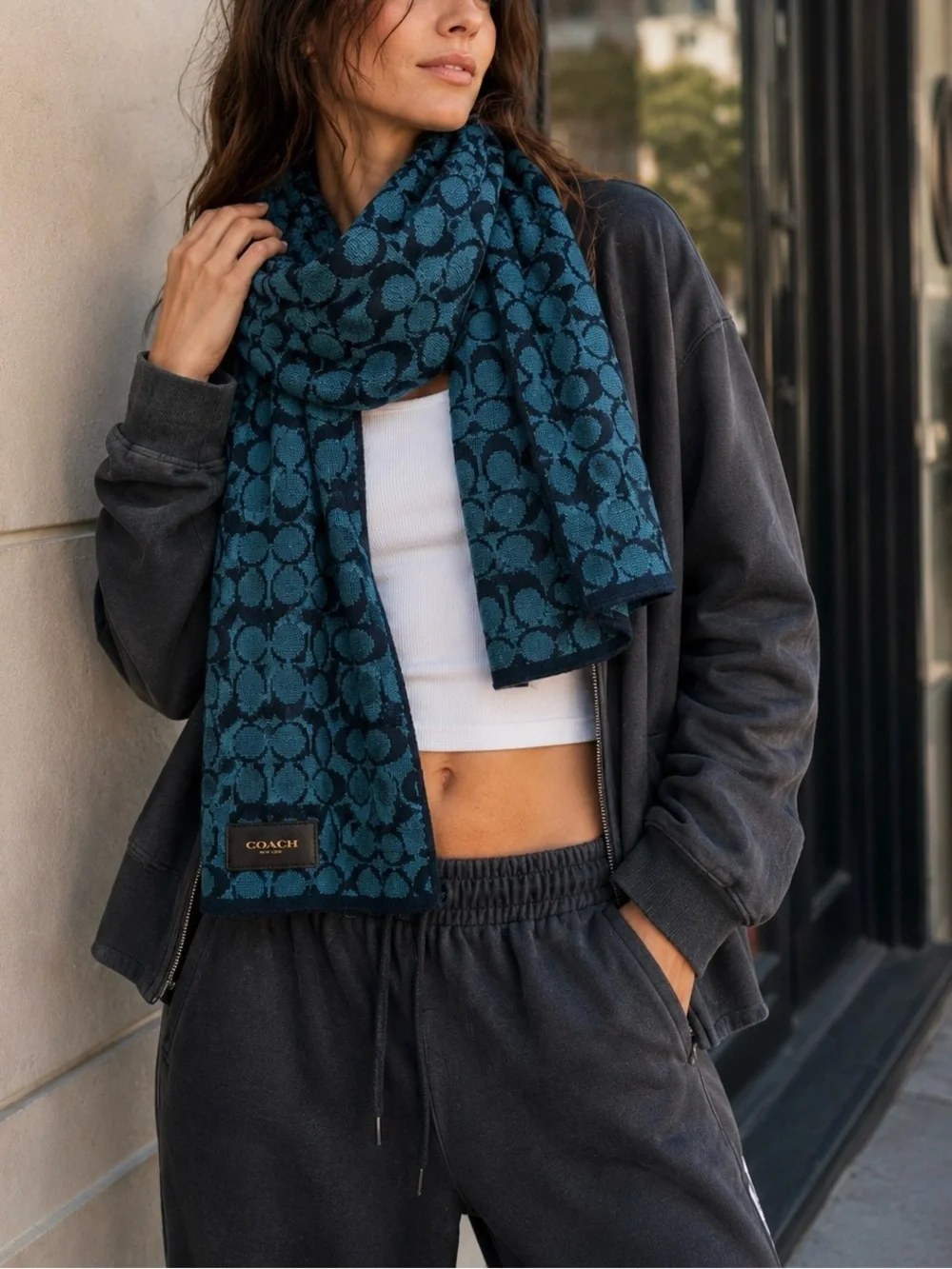 Coach Signature C Merino Wool Scarf Teal Navy 67”